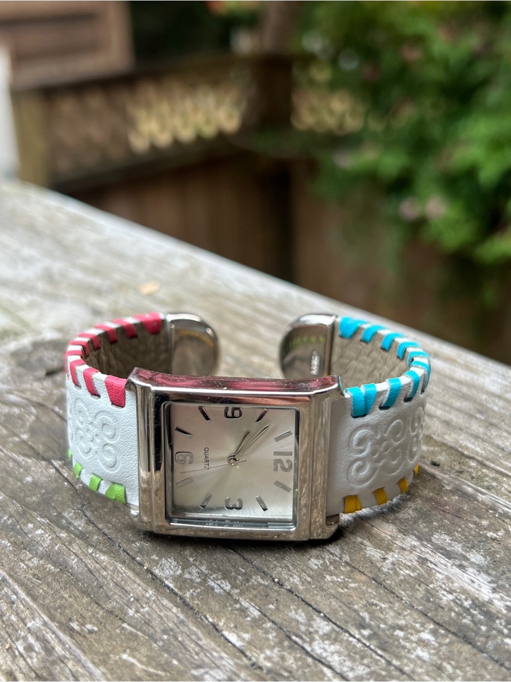 White Leather Cuff Watch with Multicolor Stitch Accents NWOT